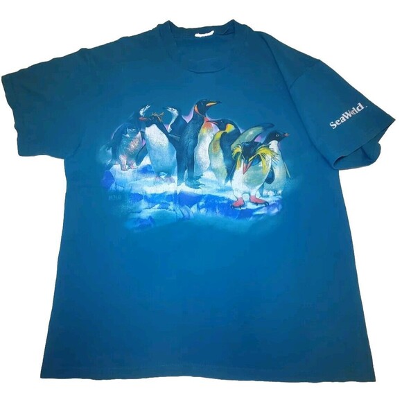 Vintage 90s Sea World Penguin Mens Medium Teal Blue T Shirt - Picture 1 of 7